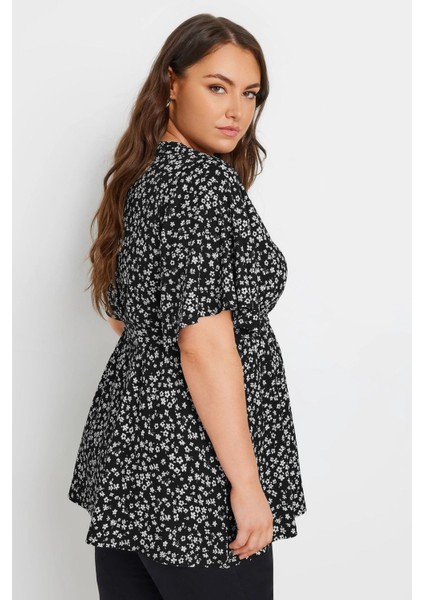 Büyük Beden V Yaka Bağlama Detaylı Desenli Kruvaze Bluz 321936