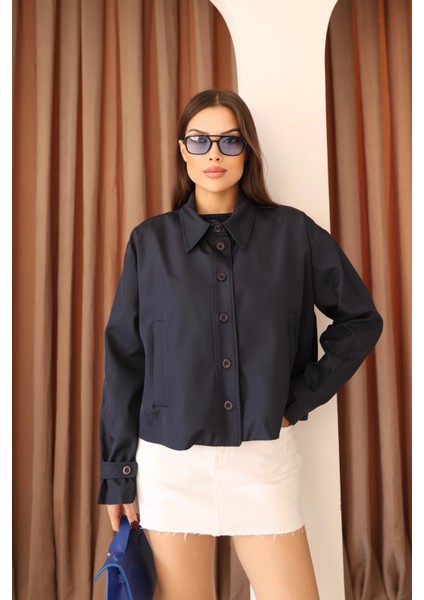Kadın Lacivert Kısa Oversize Trençkot