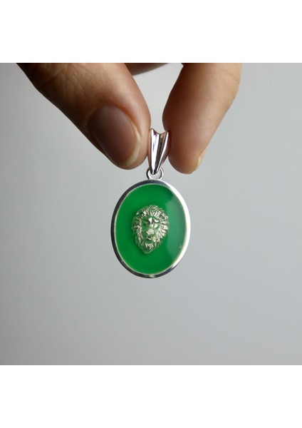 Yeşil Mineli 925 Ayar Gümüş Aslan Madalyon Kolye Ucu modelleri