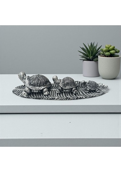 Gümüş–siyah Eskitme Üçlü Tabaklı Kaplumbağa Seti – Dekoratif Polyester Tasarım