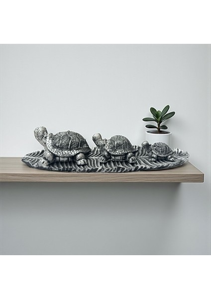 Gümüş–siyah Eskitme Üçlü Tabaklı Kaplumbağa Seti – Dekoratif Polyester Tasarım