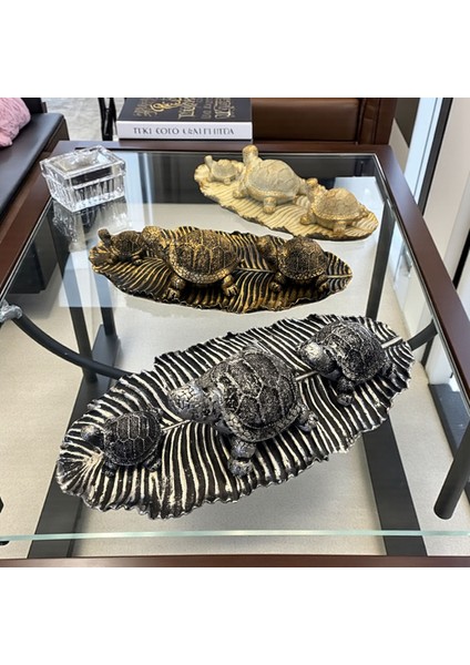 Gümüş–siyah Eskitme Üçlü Tabaklı Kaplumbağa Seti – Dekoratif Polyester Tasarım