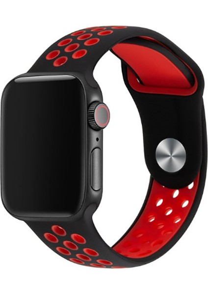 Apple Watch 11 (46MM) Uyumlu Delikli Silikon Kordon-02 Siyah-Kırmızı