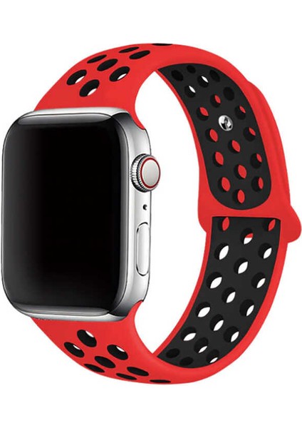 Apple Watch 11 (46MM) Uyumlu Delikli Silikon Kordon-02 Kırmızı-Siyah