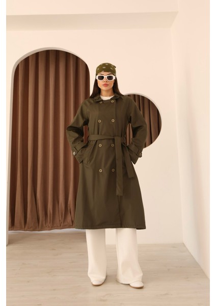 Kadın Haki Fular Detaylı Kuşaklı Uzun Trençkot