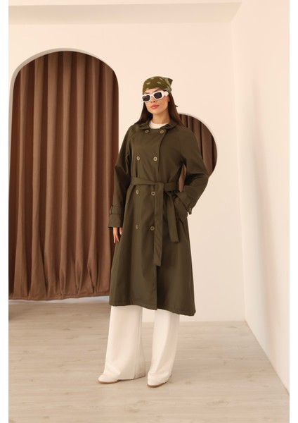 Kadın Haki Fular Detaylı Kuşaklı Uzun Trençkot fiyatları