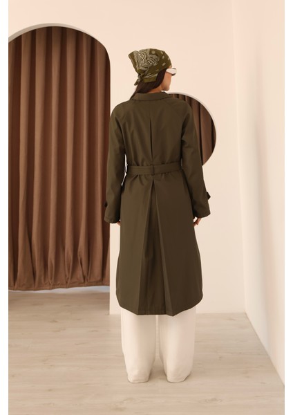 Kadın Haki Fular Detaylı Kuşaklı Uzun Trençkot modelleri