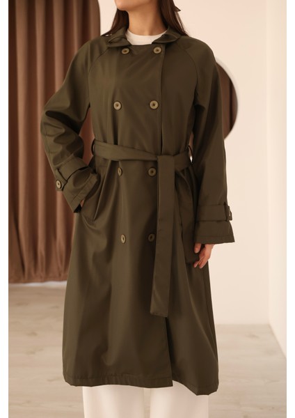 Kadın Haki Fular Detaylı Kuşaklı Uzun Trençkot fırsatları