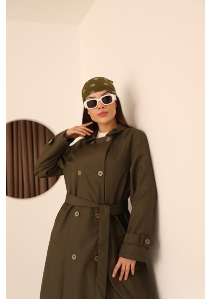 Kadın Haki Fular Detaylı Kuşaklı Uzun Trençkot indirimleri