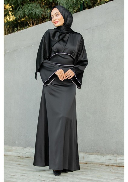 Kol ve Bel Taş Detaylı Saten Abiye-Siyah