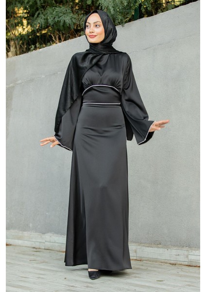 Kol ve Bel Taş Detaylı Saten Abiye-Siyah fırsatları