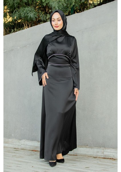 Kol ve Bel Taş Detaylı Saten Abiye-Siyah indirimleri