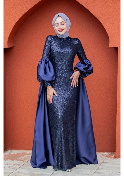 Celine Seyyar Pelerinli Balon Kol Abiye-Laci