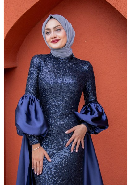 Celine Seyyar Pelerinli Balon Kol Abiye-Laci fiyatları