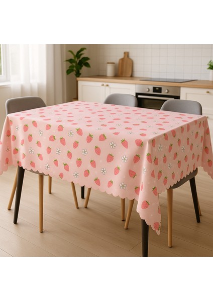 Leke Tutmaz Masa Örtüsü 3D Dijital Baskılı Çilek Desenli