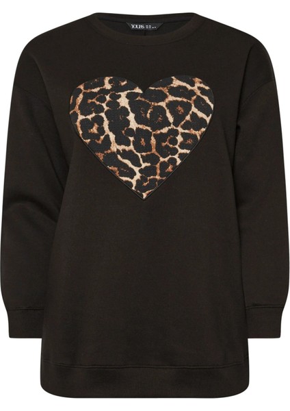 Büyük Beden Uzun Kollu Bisiklet Yaka Leopar Kalp Baskılı Sweatshirt 303752