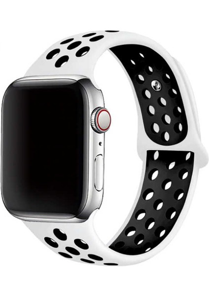 Apple Watch 11 (46MM) Uyumlu Delikli Silikon Kordon-02 Beyaz-Siyah