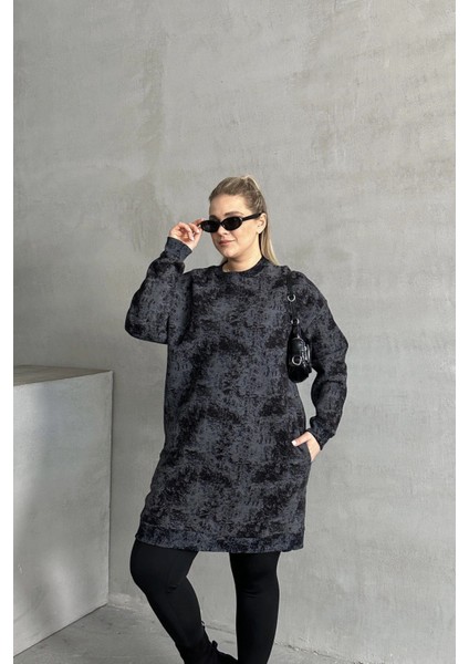 Büyük Beden Uzun Kollu Bisiklet Yaka Cepli Desenli Elbise 106-75 fiyatları