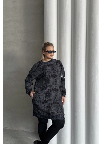 Büyük Beden Uzun Kollu Bisiklet Yaka Cepli Desenli Elbise 106-75 fırsatları