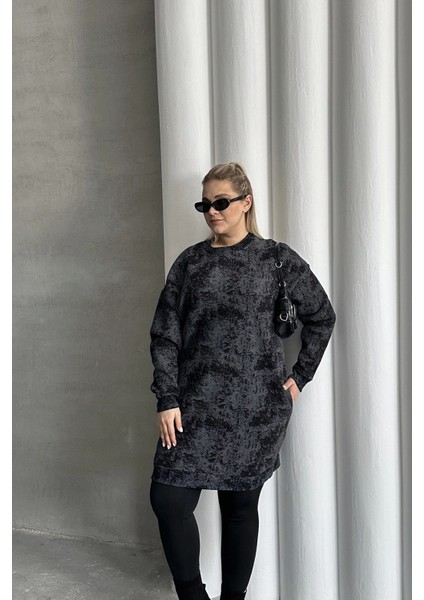 Büyük Beden Uzun Kollu Bisiklet Yaka Cepli Desenli Elbise 106-75 indirimleri