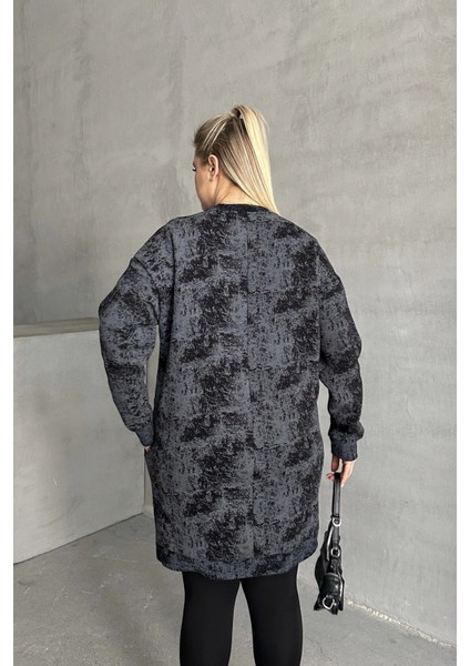 Büyük Beden Uzun Kollu Bisiklet Yaka Cepli Desenli Elbise 106-75