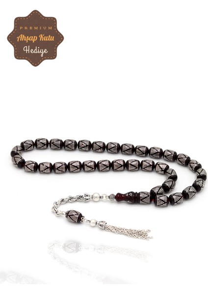 Koyu Bordo Gümüş Işlemeli Gümüş Püsküllü Ateş Kehribar Tesbih 201024567