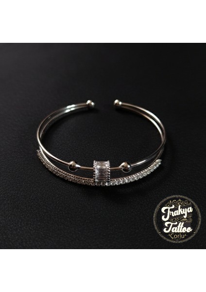 Zirkon Taşlı Su Yolu 2li Kadın Çelik Kelepçe Bileklik Paslanmaz