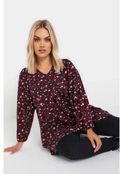 Büyük Beden V Yaka Uzun Kollu Çiçek Desenli Bluz 322098