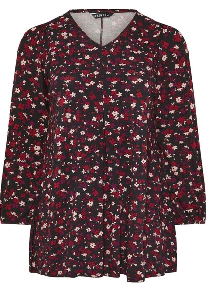 Büyük Beden V Yaka Uzun Kollu Çiçek Desenli Bluz 322098