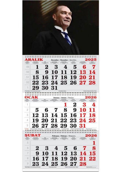 Keskin 2026-3 Aylık Spiralli Jumbo Denizci Takvim-Atatürk 2