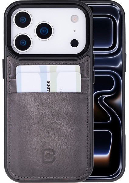 , Apple iPhone 17 Pro Için, Hakiki Deri, El Yapımı Kartlıklı Kılıf, Iç Yüzeyi Kadife, Gölgeli Gri