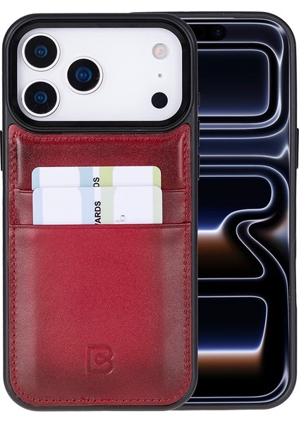 , Apple iPhone 17 Pro Max Için, Hakiki Deri, El Yapımı Kartlıklı Kılıf, Iç Yüzeyi Kadife, Gölgeli Kırmızı