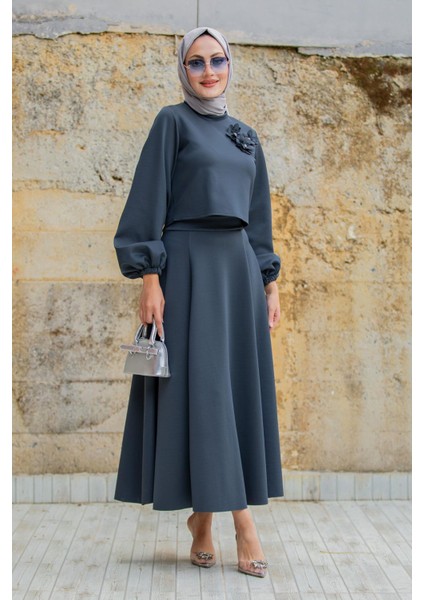 Yaka Çiçekli Puf Dalgıç Etekli Takım-Antrasit