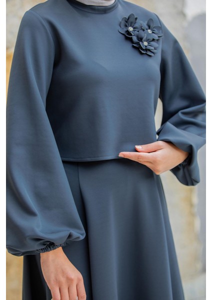 Yaka Çiçekli Puf Dalgıç Etekli Takım-Antrasit fiyatları