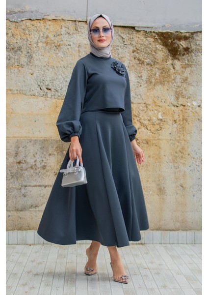 Yaka Çiçekli Puf Dalgıç Etekli Takım-Antrasit modelleri