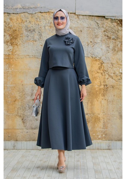 Yaka Çiçekli Puf Dalgıç Etekli Takım-Antrasit indirimleri