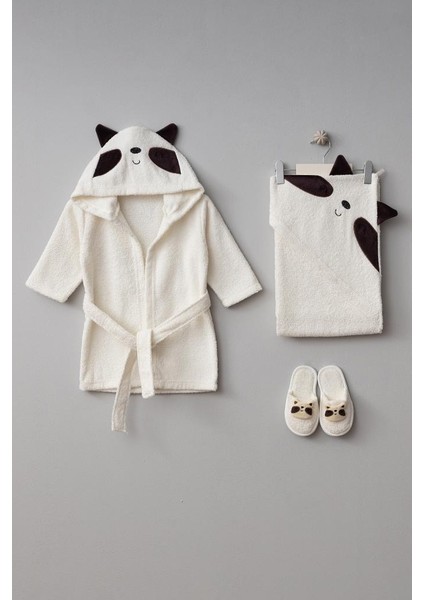 %100 Pamuk Rakun Desenli Kutulu Bebek Bornoz Seti BBTF.EKR.30048