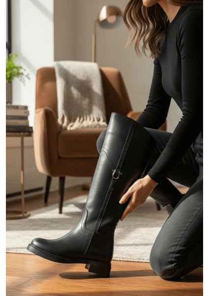 Hulbery Siyah Deri ( 3,5 cm Topuk Boyu) Yanı Tokalı Günlük Kadın Çizme fiyatları
