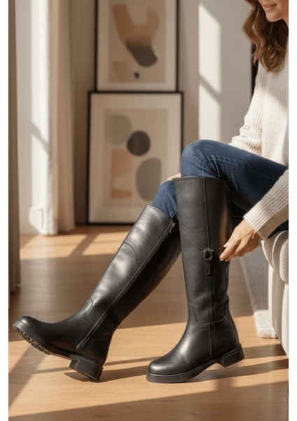 Hulbery Siyah Deri ( 3,5 cm Topuk Boyu) Yanı Tokalı Günlük Kadın Çizme fırsatları