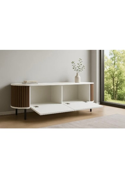 Linea 150 Lik Ovalli Çıtalı 2 Kapaklı Tv Ünitesi – Ceviz Detaylı, 150 Cm, Duvara Monte Edilebilir