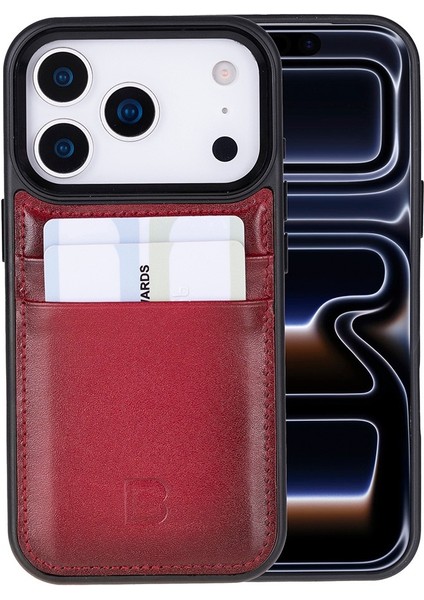 , Apple iPhone 17 Pro Için, Hakiki Deri, El Yapımı Kartlıklı Kılıf, Iç Yüzeyi Kadife, Gölgeli Kırmızı