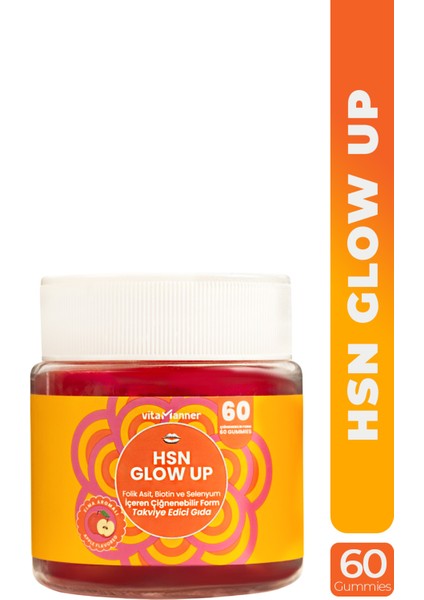 Hsn Glow Up | Folik Asit, Biotin ve Selenyum Içeren Çiğnenebilir Takviye Edici Gıda (60 Gummies)