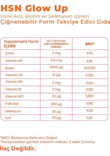 Hsn Glow Up | Folik Asit, Biotin ve Selenyum Içeren Çiğnenebilir Takviye Edici Gıda (60 Gummies) indirimleri
