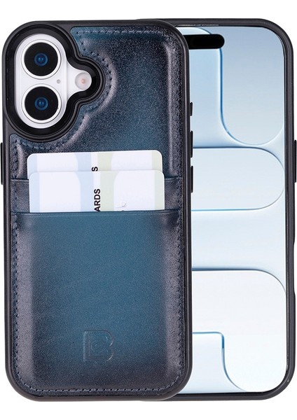 , Apple iPhone 17 Için, Hakiki Deri, El Yapımı Kartlıklı Kılıf, Iç Yüzeyi Kadife, Gölgeli Mavi