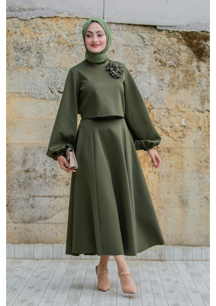 Yaka Çiçekli Puf Dalgıç Etekli Takım-Haki