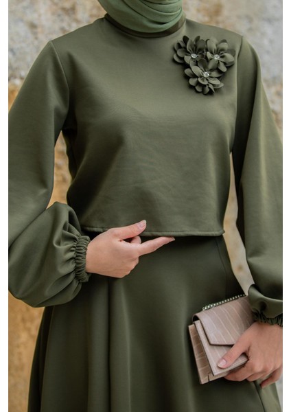 Yaka Çiçekli Puf Dalgıç Etekli Takım-Haki fiyatları