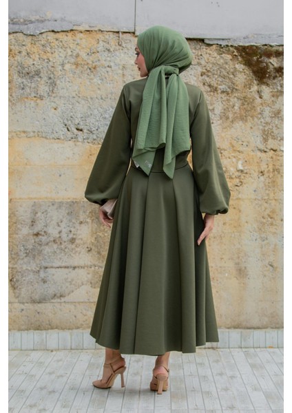 Yaka Çiçekli Puf Dalgıç Etekli Takım-Haki modelleri