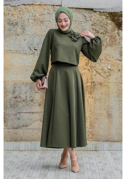 Yaka Çiçekli Puf Dalgıç Etekli Takım-Haki indirimleri