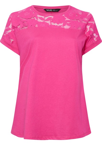 Büyük Beden Bisiklet Yaka Tül Detaylı Kısa Kollu T-Shirt 321835