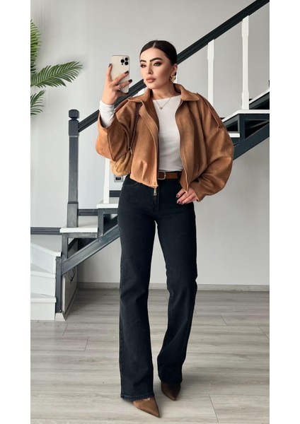 Antrasit Süet Kemerli Straight Jean